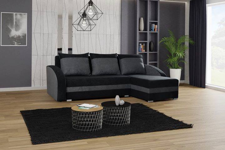 CORNER SOFA BED VELVET BLACK / GREY 236cm / FOAM