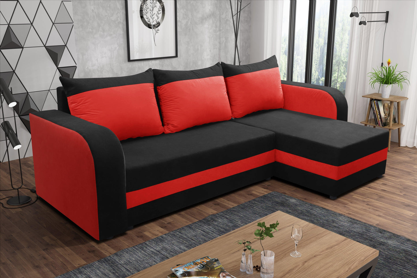 CORNER SOFA BED ALEXA BLACK / RED 238cm universal RIGHT/LEFT CORNER / FOAM