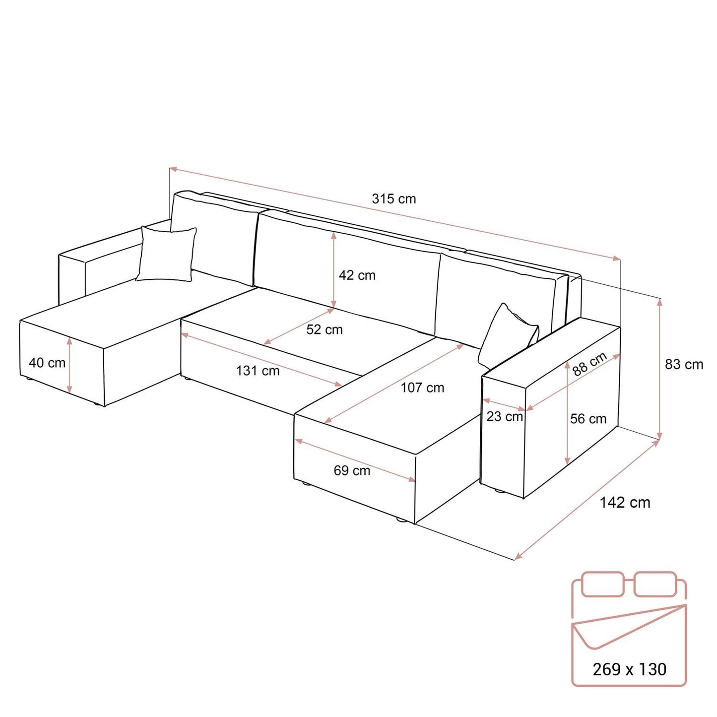 CORNER SOFA BED BERGAMO U 315CM SPRINGS + FOAM