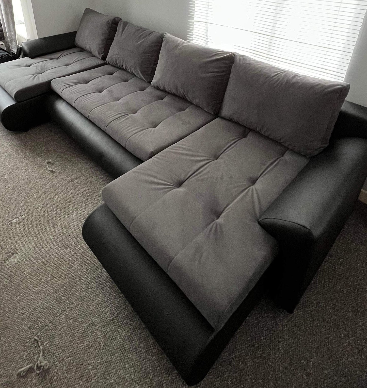 CORNER SOFA BED PRADO U SHAPE TRINITY 15/1114 GRAPHITE / BLACK FAUX LEATHER 300cm WATER RESISTANT FABRIC / SPRINGS + FOAM