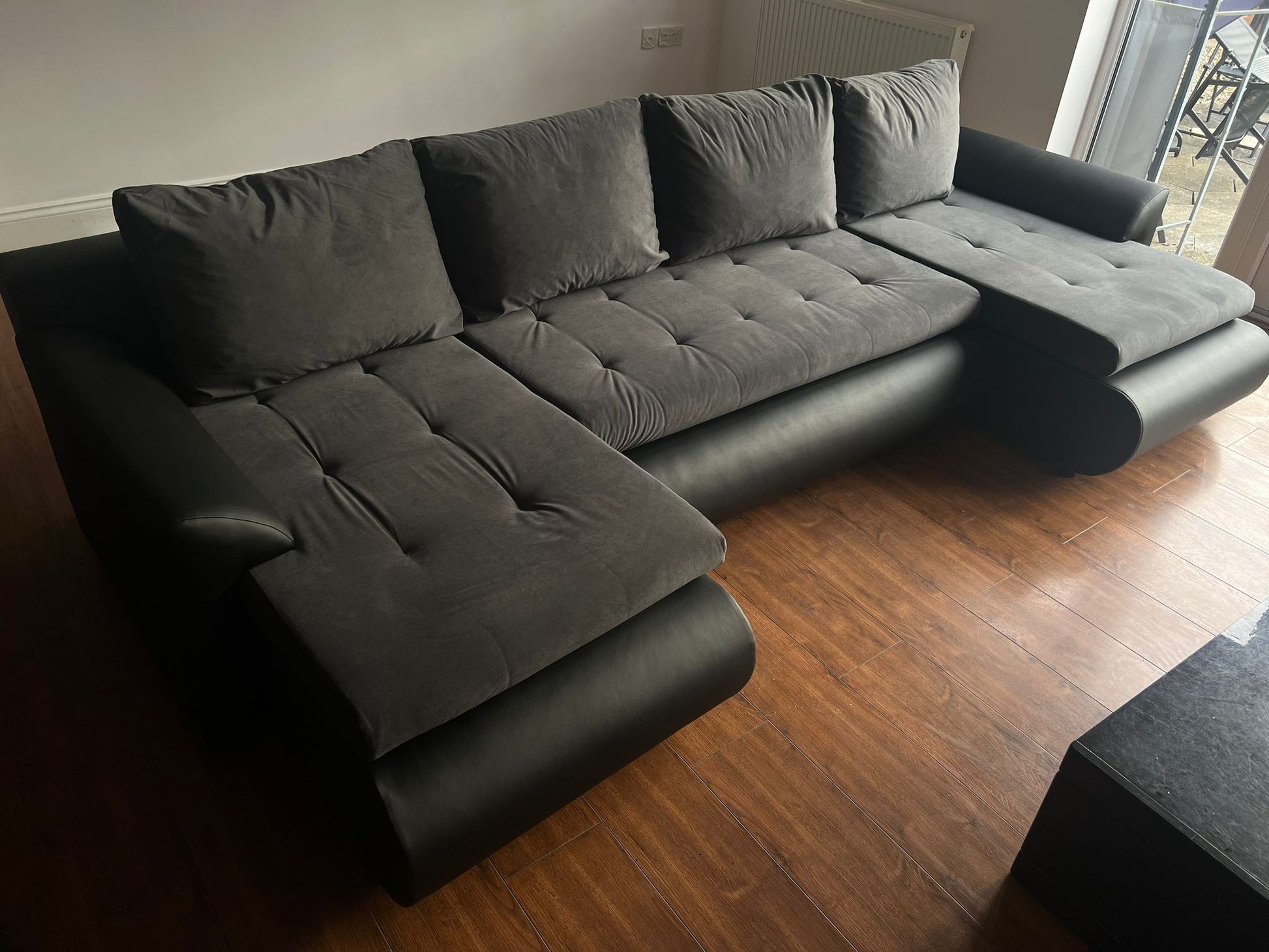 CORNER SOFA BED PRADO U SHAPE TRINITY 15/1114 GRAPHITE / BLACK FAUX LEATHER 300cm  WATER RESISTANT FABRIC / SPRINGS + FOAM