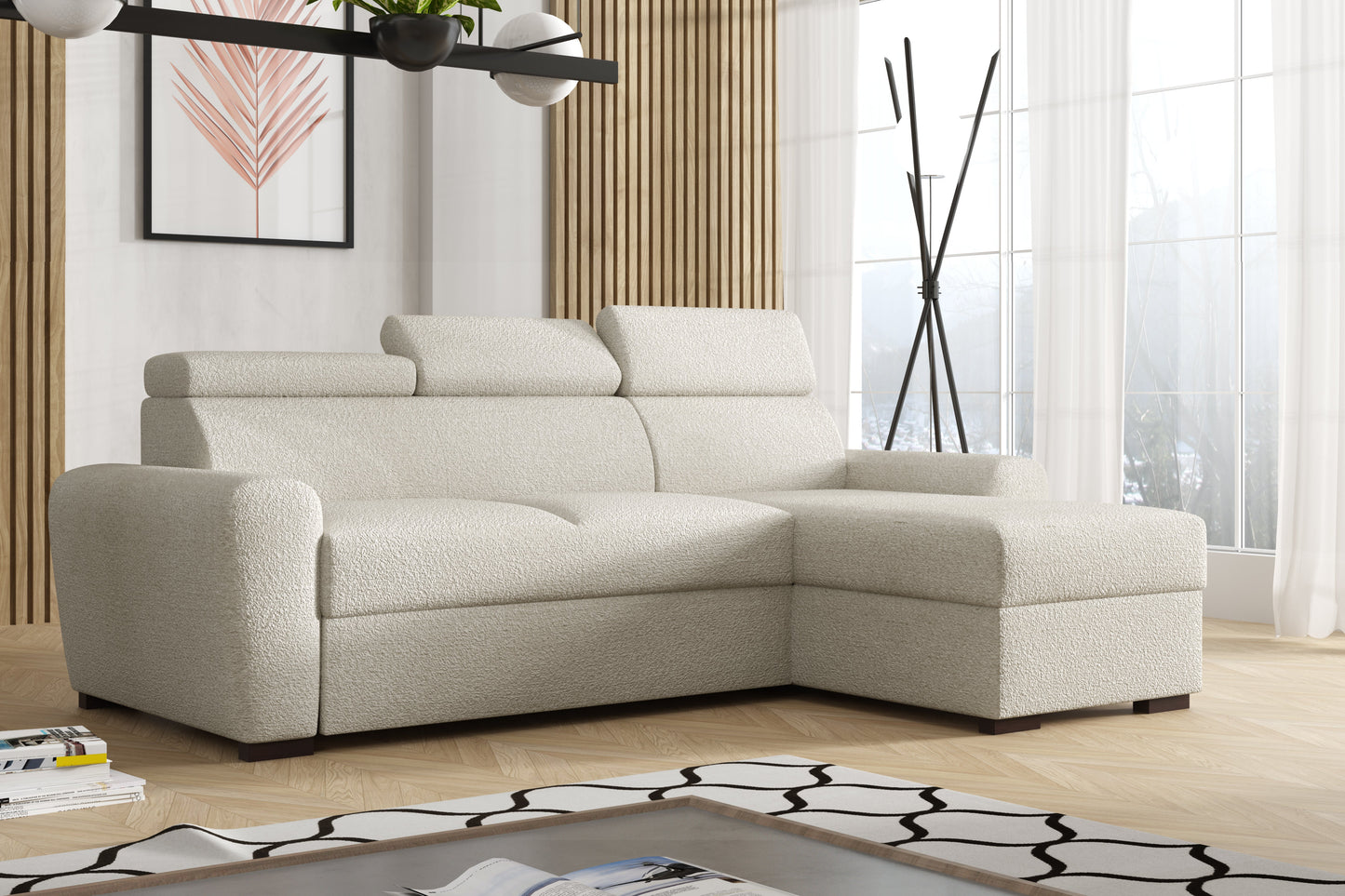 UNIVERSAL CORNER SOFA BED LAMBI 249CM BOUCLE FABRIC ADJUSTABLE HEADREST *CHOICE OF COLORS* / SPRINGS + FOAM