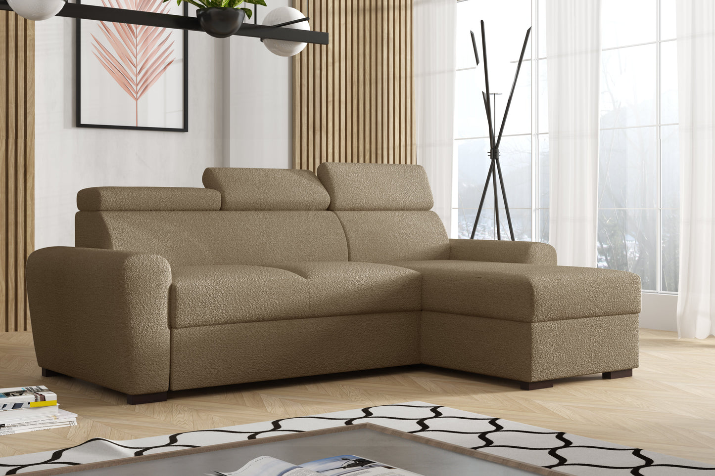 UNIVERSAL CORNER SOFA BED LAMBI 249CM BOUCLE FABRIC ADJUSTABLE HEADREST *CHOICE OF COLORS* / SPRINGS + FOAM