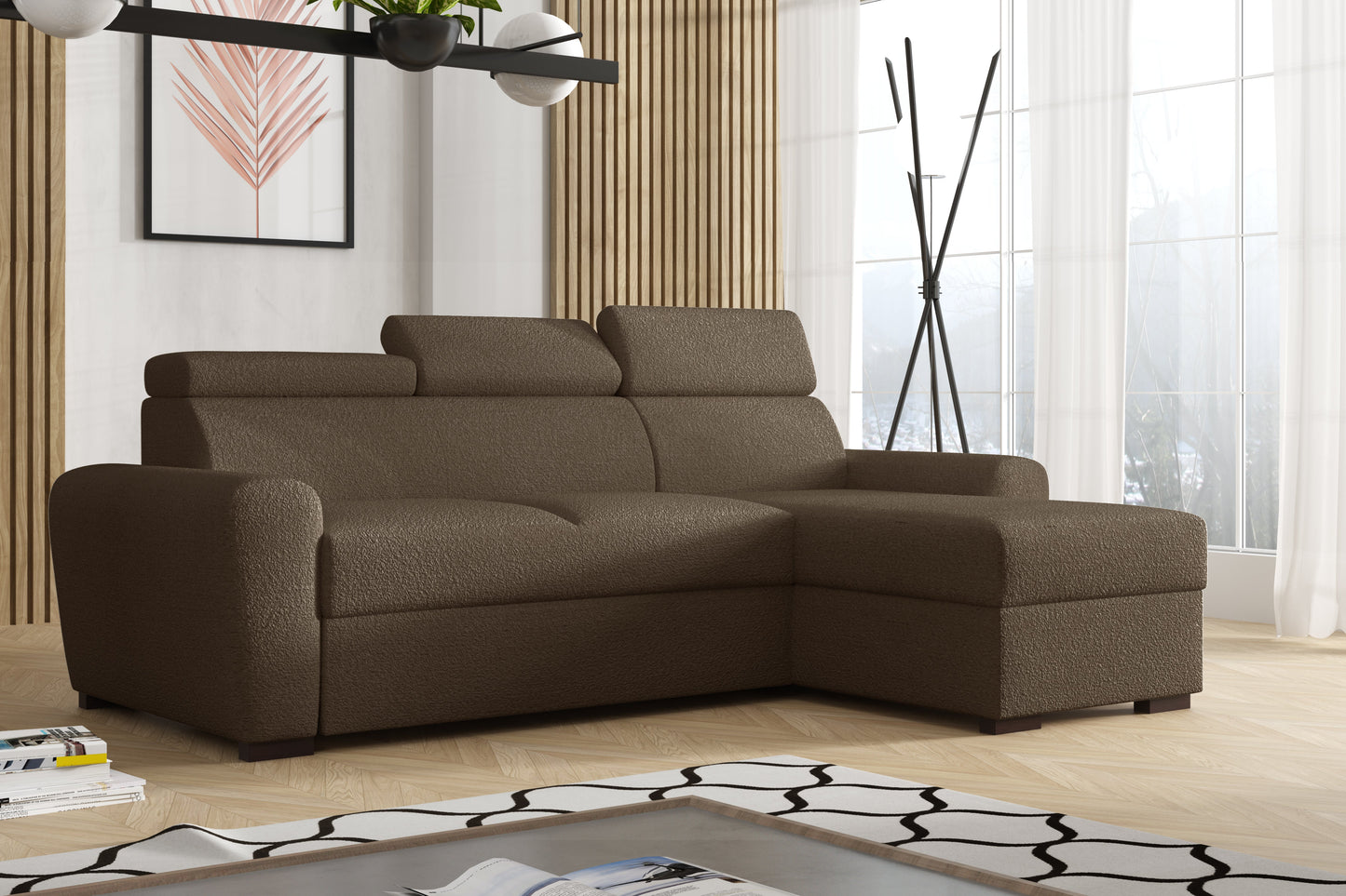 UNIVERSAL CORNER SOFA BED LAMBI 249CM BOUCLE FABRIC ADJUSTABLE HEADREST *CHOICE OF COLORS* / SPRINGS + FOAM