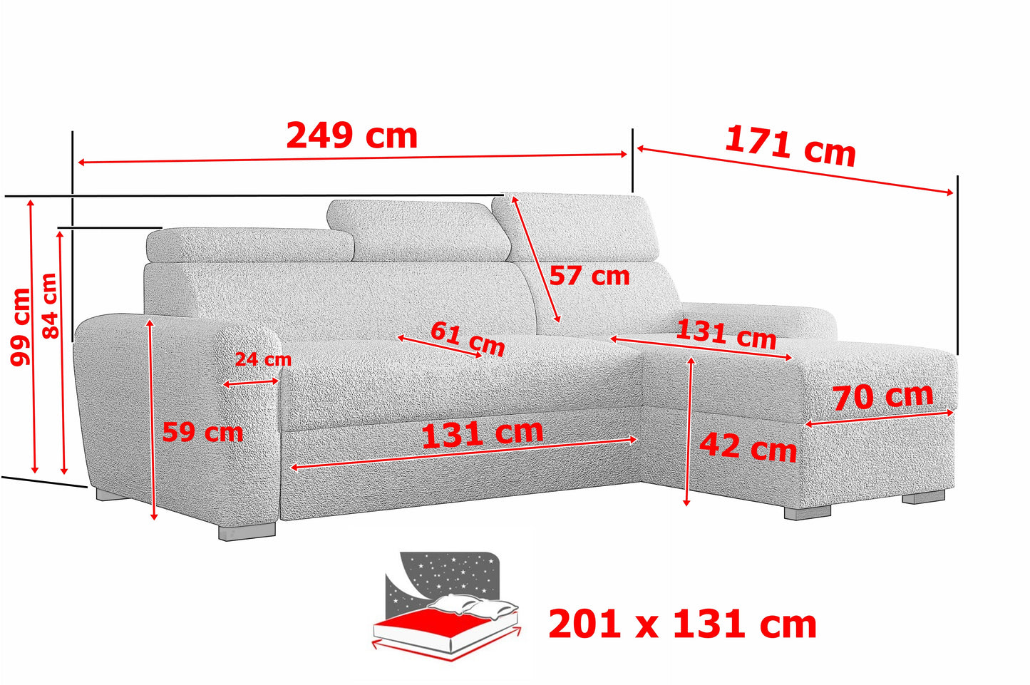 UNIVERSAL CORNER SOFA BED LAMBI 249CM BOUCLE FABRIC ADJUSTABLE HEADREST *CHOICE OF COLORS* / SPRINGS + FOAM