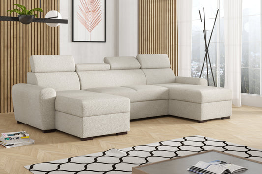 CORNER SOFA BED LAMBI U SHAPE BOUCLE FABRIC ADJUSTABLE HEADREST 2X STORAGE *CHOICE OF COLORS* / SPRINGS + FOAM