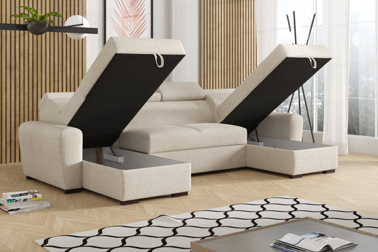 CORNER SOFA BED LAMBI U SHAPE BOUCLE FABRIC ADJUSTABLE HEADREST 2X STORAGE *CHOICE OF COLORS* / SPRINGS + FOAM