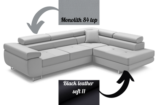 CORNER SOFA BED ASH 273CM MONOLITH 84 / BLACK LEATHER RIGHT HAND SIDE CORNER / SPRINGS + FOAM