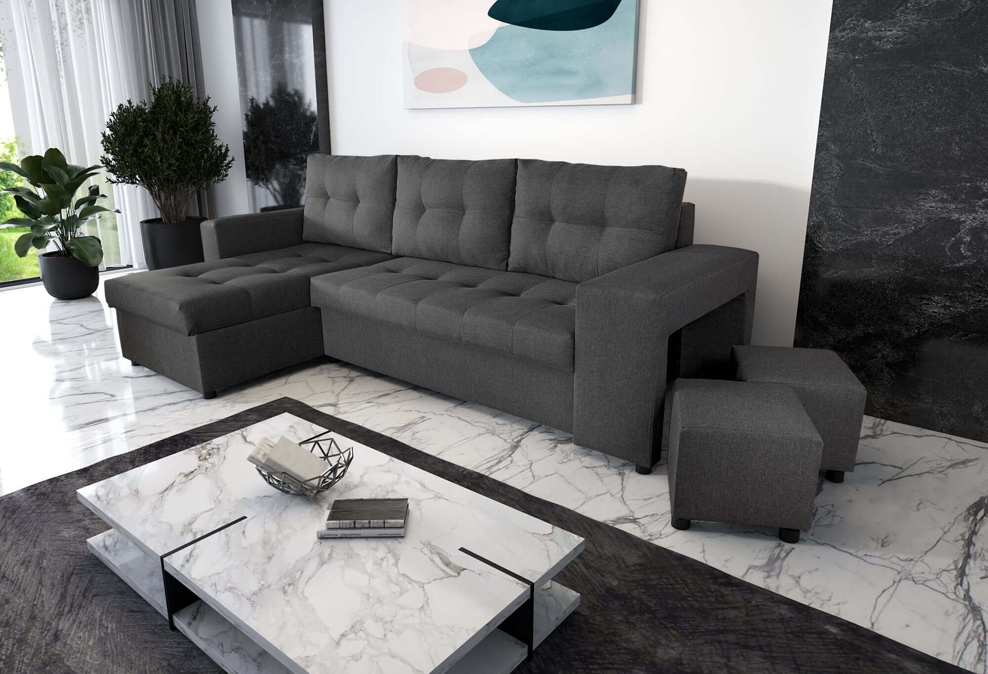 CORNER SOFA BED LEON 255CM 2X STORAGE SPACE UNIVERSAL CORNER RIGHT/LEFT CORNER / BONELL SPRINGS + FOAM