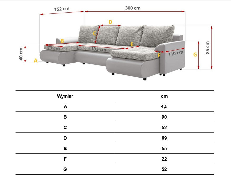CORNER SOFA BED PRADO U SHAPE 300cm BLACK/RED LUX 23 / SOFT 10 / SPRINGS + FOAM