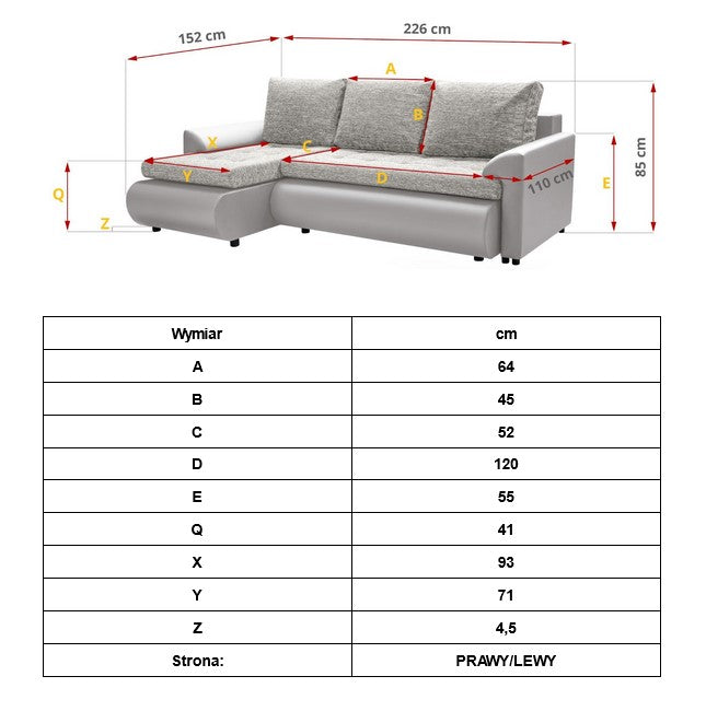 CORNER SOFA BED PRADO LUX02 / LUX01 RIGHT HAND SIDE CORNER 226CM / SPRINGS + FOAM