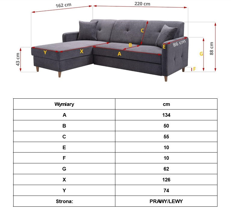 CORNER SOFA BED MILLI HUGO 100 BLACK 220cm / SPRINGS + FOAM