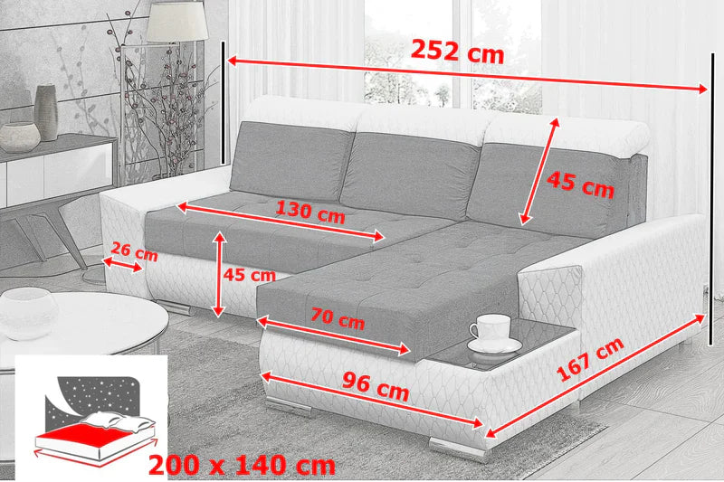 CORNER SOFA BED LONDON 2314/1114/60 252CM 2X STORAGE SPACE STAIN RESISTANT EASY CLEAN FABRIC / BONELL SPRINGS + FOAM