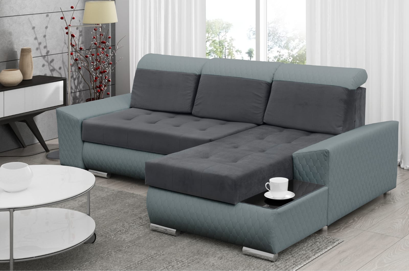 CORNER SOFA BED LONDON 2315/1132/60 252CM 2X STORAGE SPACE STAIN RESISTANT EASY CLEAN FABRIC / BONELL SPRINGS + FOAM