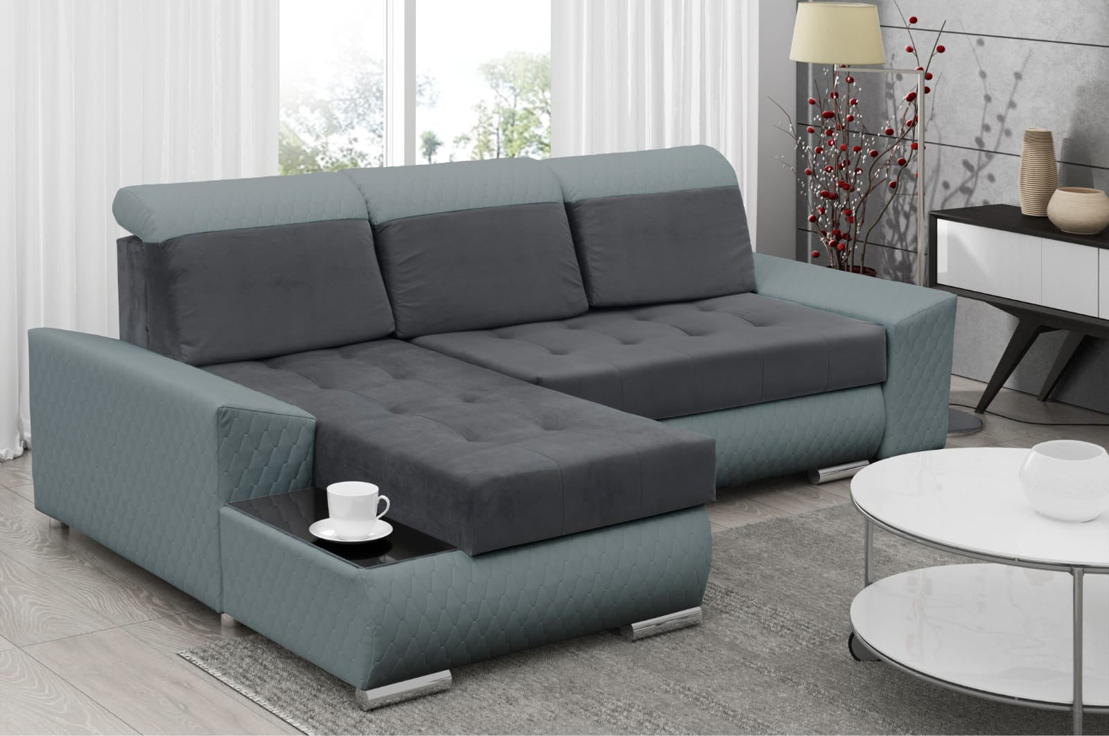 CORNER SOFA BED LONDON 2315/1132/60 252CM 2X STORAGE SPACE STAIN RESISTANT EASY CLEAN FABRIC / BONELL SPRINGS + FOAM
