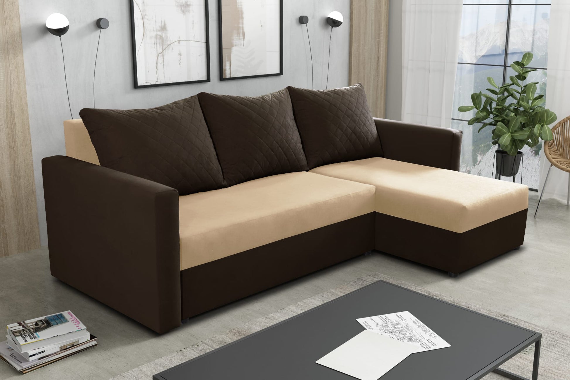 CORNER SOFA BED KEN BROWN/BIEGE 5+41 222cm universal RIGHT/LEFT CORNER / FOAM