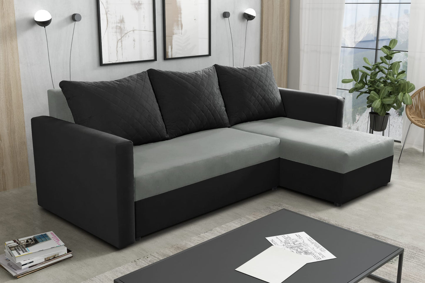 CORNER SOFA BED KEN GREY/BLACK 14+15 222cm universal RIGHT/LEFT CORNER / FOAM