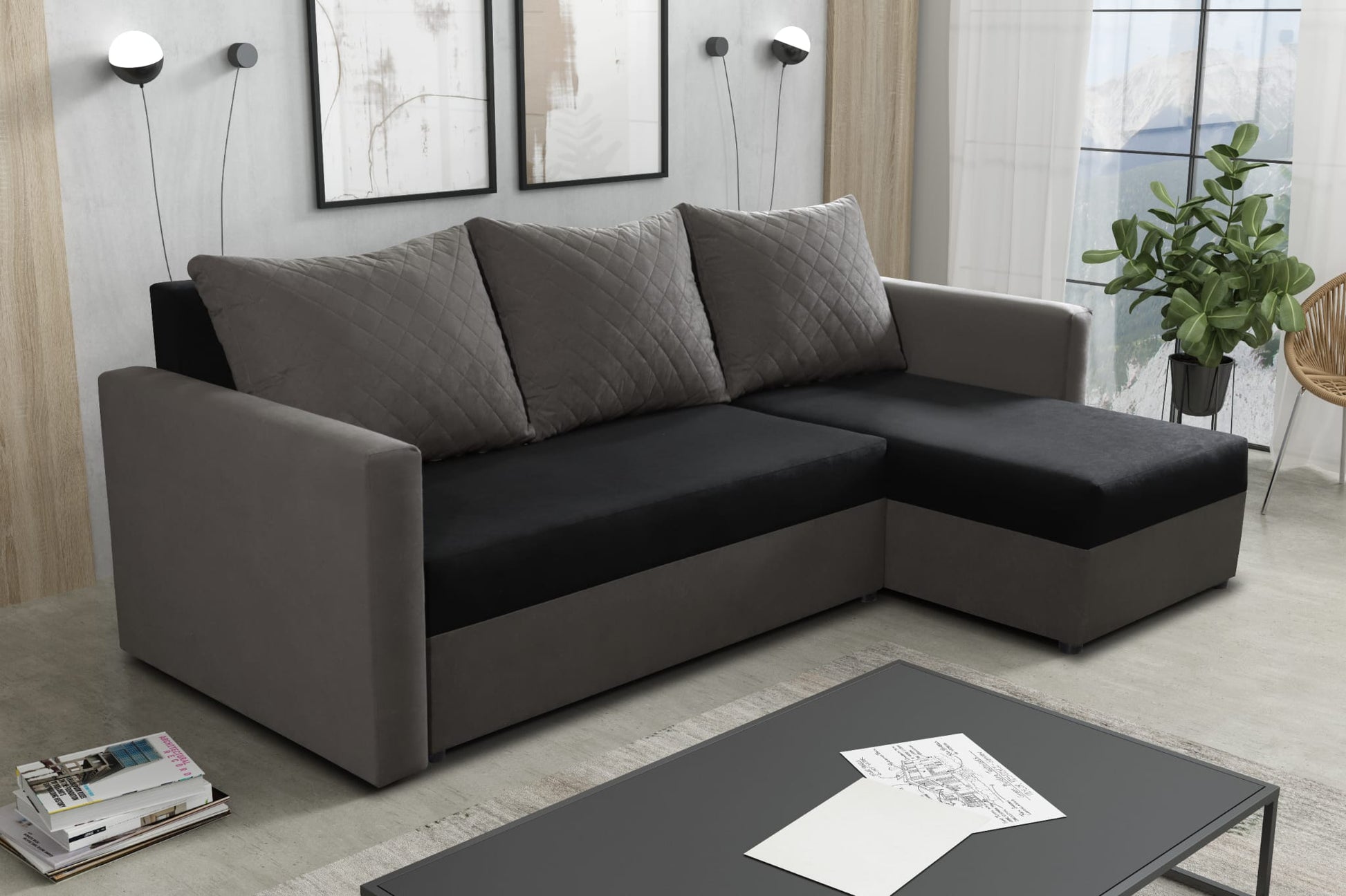 CORNER SOFA BED KEN BLACK/DARK GREY 15+27 222cm universal RIGHT/LEFT CORNER / FOAM