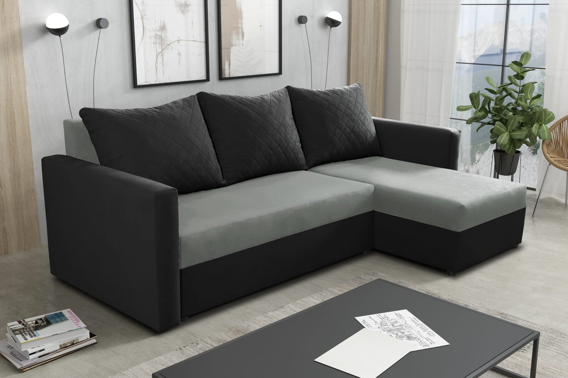CORNER SOFA BED KEN GREY/BLACK 14+15 222cm universal RIGHT/LEFT CORNER / FOAM