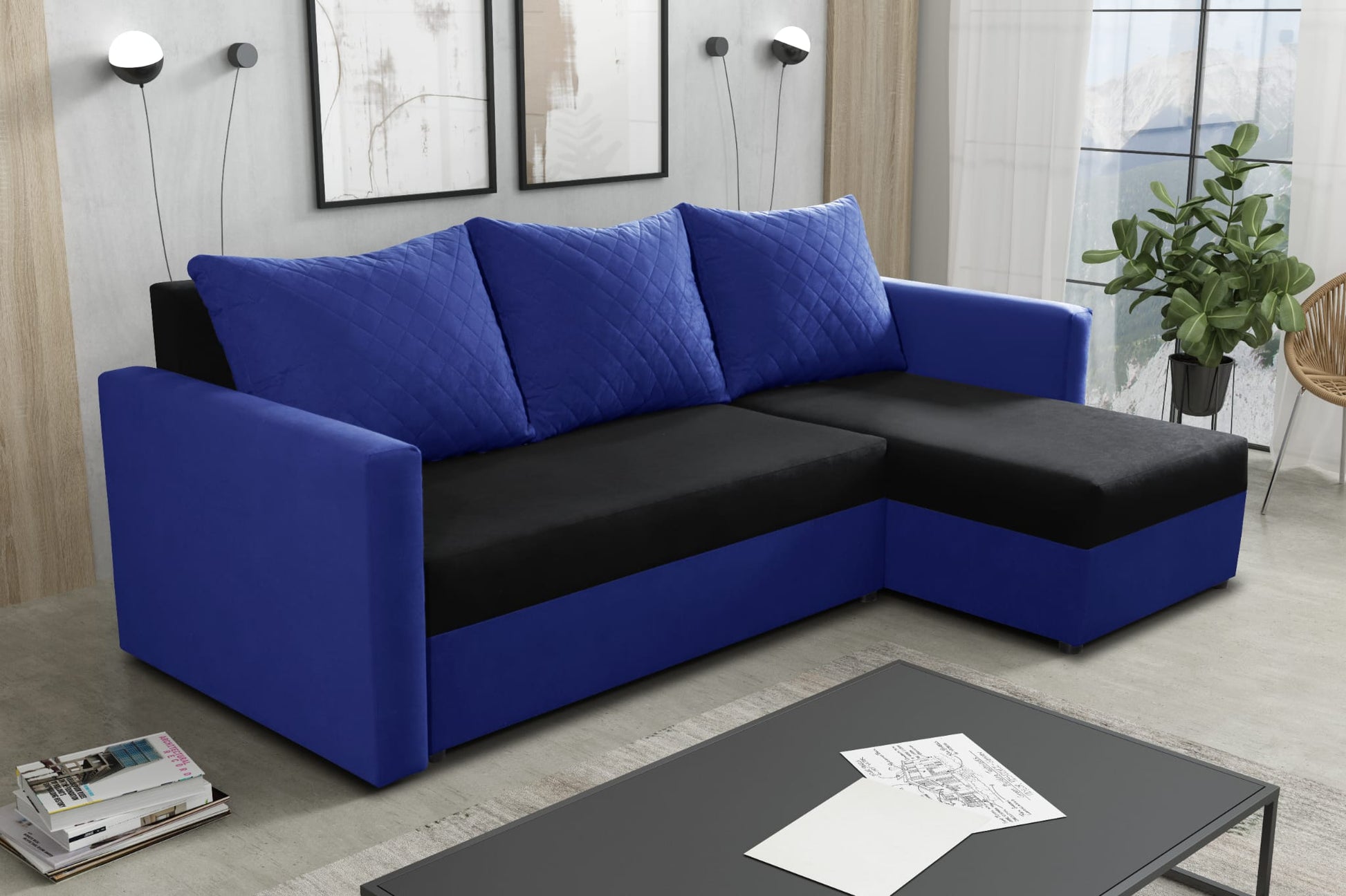 CORNER SOFA BED KEN BLACK/BLUE 15+SUE14 222cm universal RIGHT/LEFT CORNER / FOAM