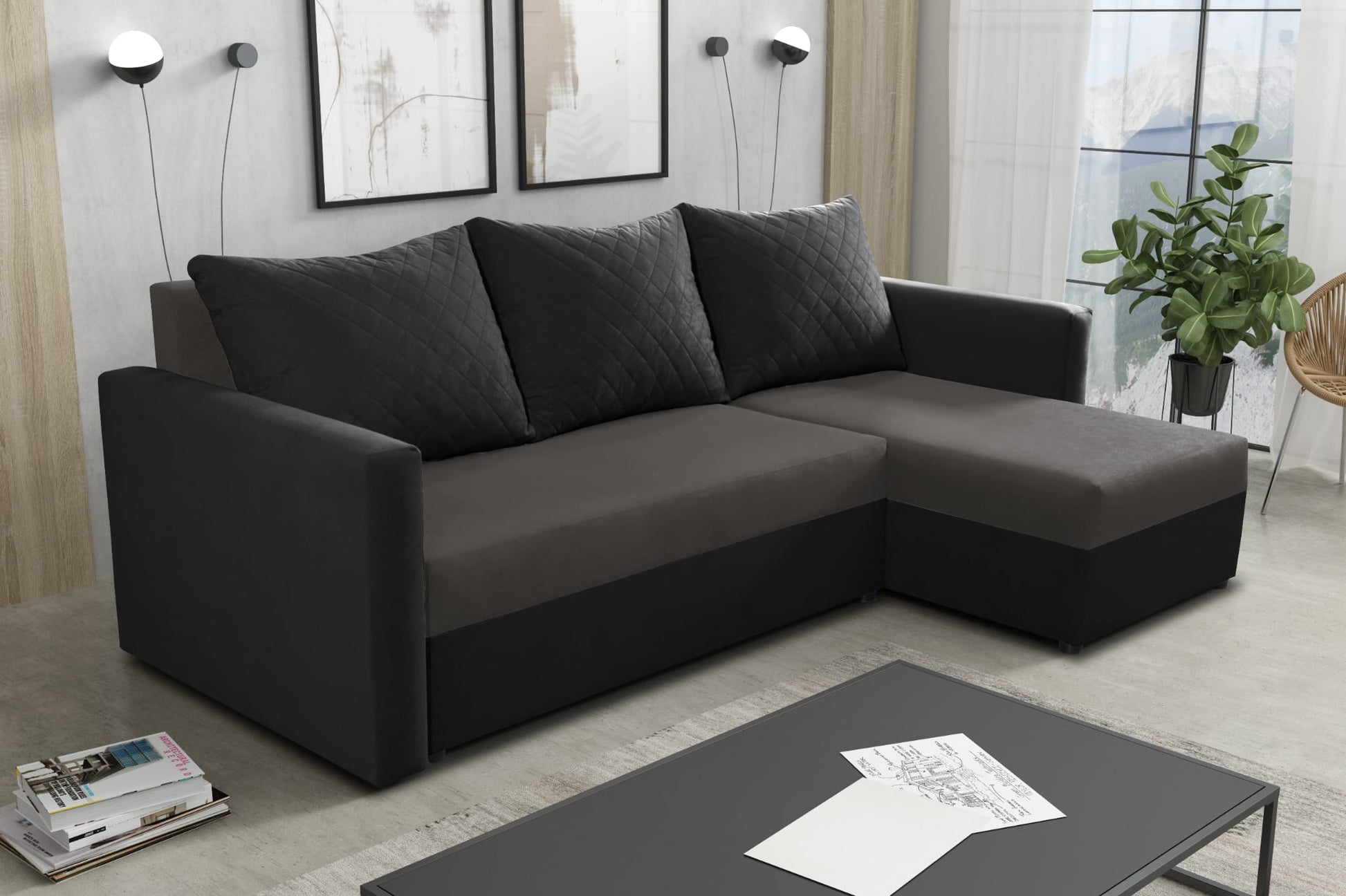 CORNER SOFA BED KEN DARK GREY/BLACK 27+15 222cm universal RIGHT/LEFT CORNER / FOAM
