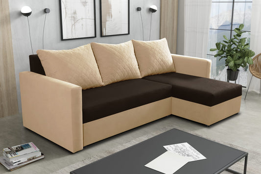 CORNER SOFA BED KEN BROWN/BEIGE 41+5 222cm universal RIGHT/LEFT CORNER / FOAM