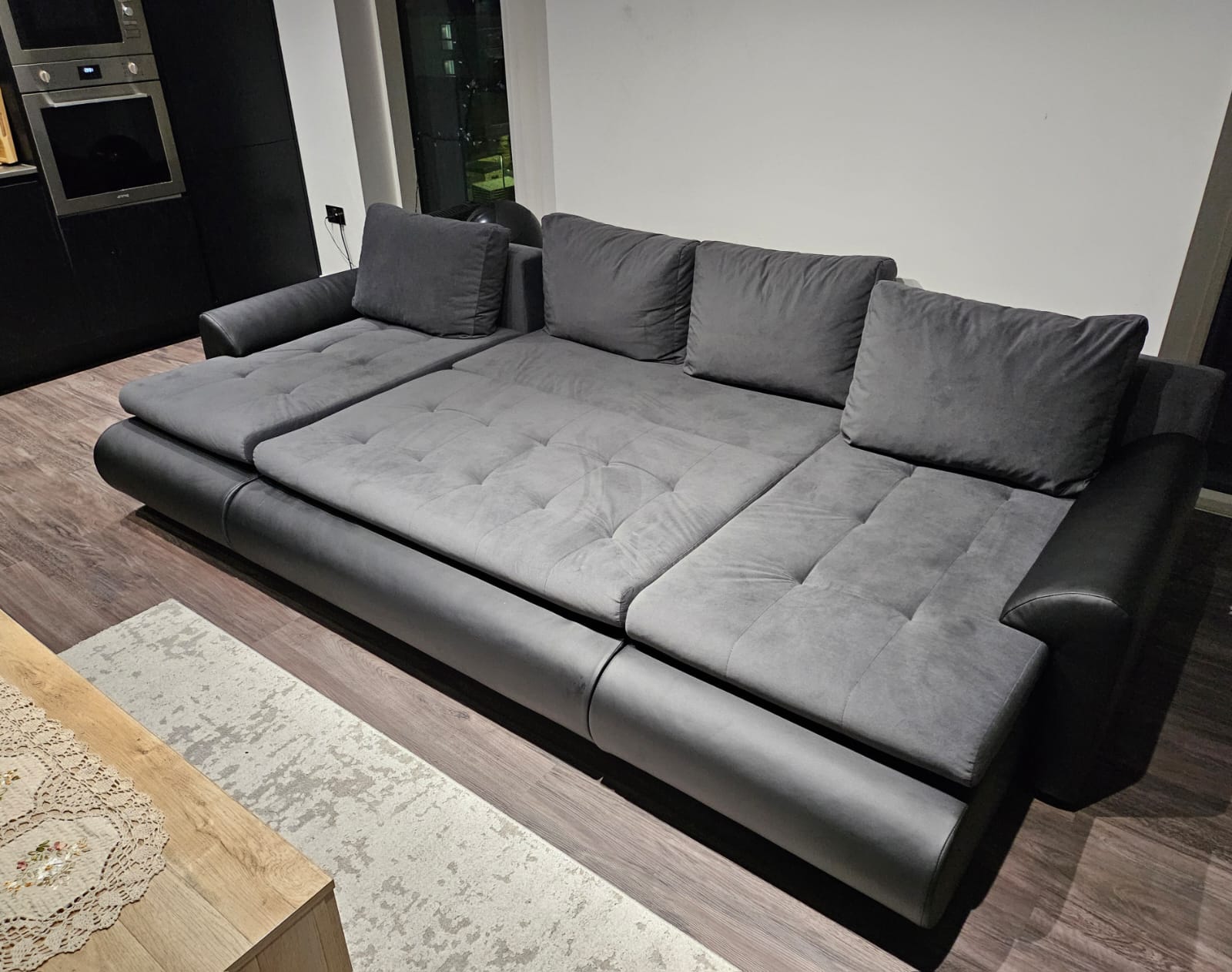 CORNER SOFA BED PRADO U SHAPE TRINITY 15/1114 GRAPHITE / BLACK FAUX LEATHER 300cm  WATER RESISTANT FABRIC / SPRINGS + FOAM