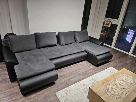 CORNER SOFA BED PRADO U SHAPE TRINITY 15/1114 GRAPHITE / BLACK FAUX LEATHER 300cm  WATER RESISTANT FABRIC / SPRINGS + FOAM
