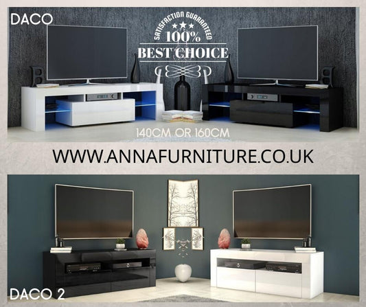 TV STAND DACO & DACO 2 WHITE OR BLACK GLOSS FRONTS 140CM & 160CM LED LIGHT OPTIONAL