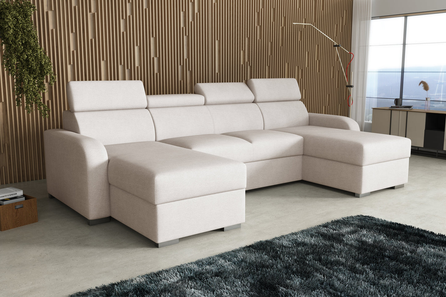 NEW! CORNER SOFA BED ASTEE U SHAPE CROWN FABRIC EASY CLEAN FABRIC ADJUSTABLE HEADREST / SPRINGS + FOAM