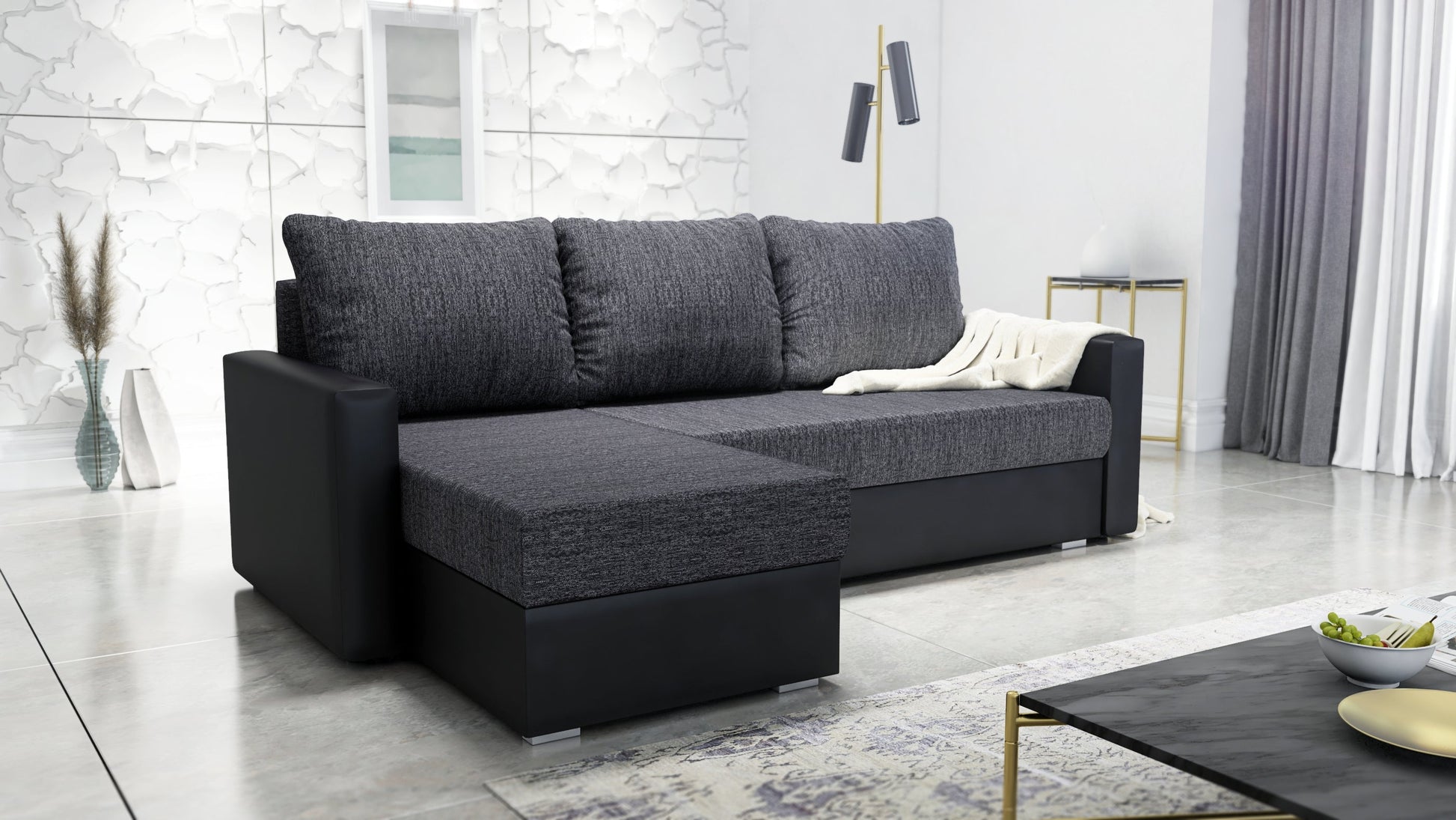 CORNER SOFA BED FOXY UNIVERSAL CORNER BERLIN 02 / BLACK FAUX LEATHER / FOAM