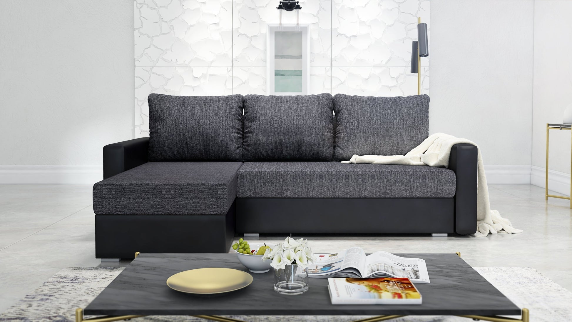 CORNER SOFA BED FOXY UNIVERSAL CORNER BERLIN 02 / BLACK FAUX LEATHER / FOAM