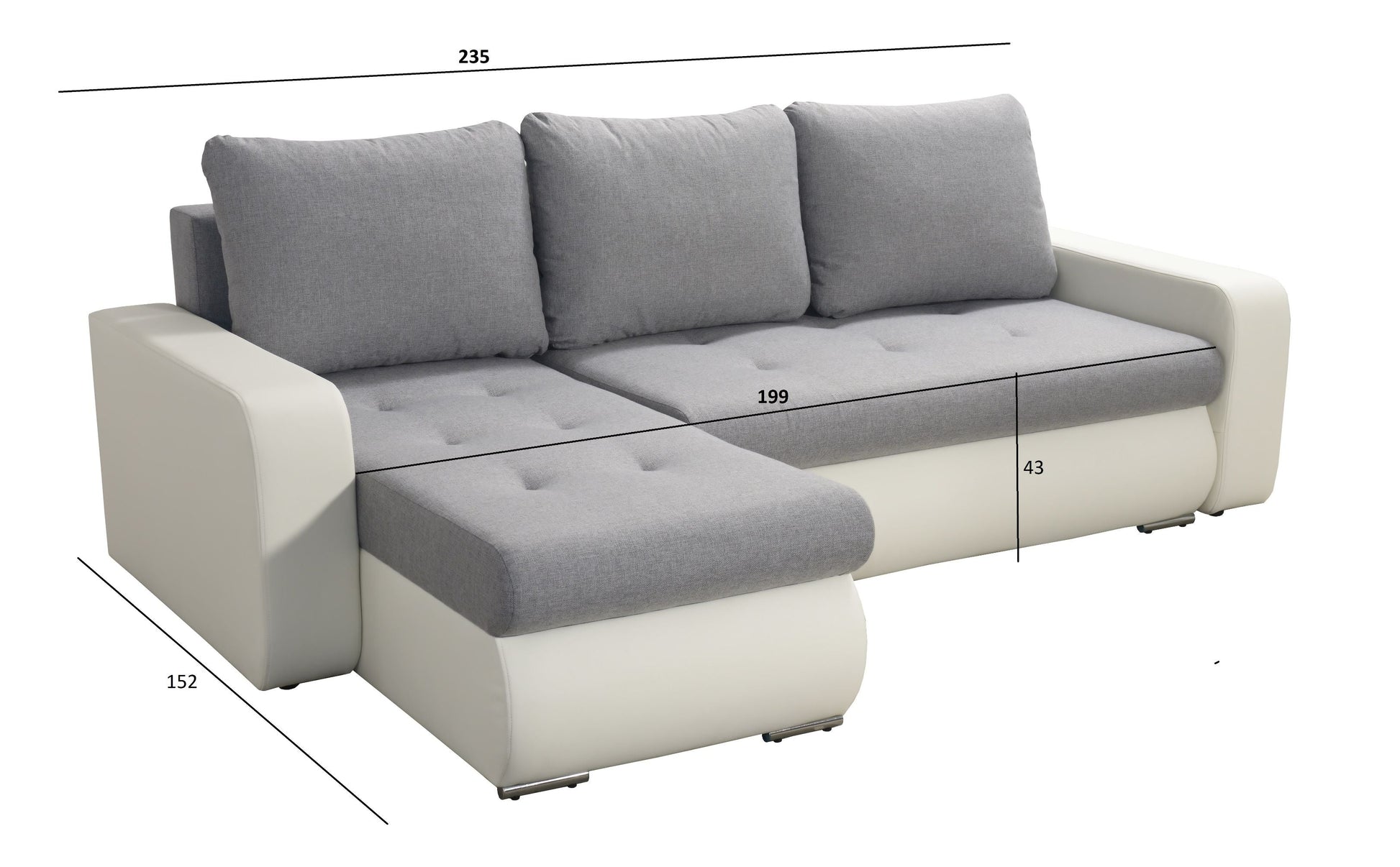 CORNER SOFA BED DAVY CHOICE OF COLOR 238CM / SPRINGS + FOAM