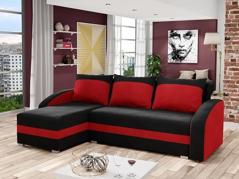 CORNER SOFA BED VELVET BLACK / RED 236cm / FOAM