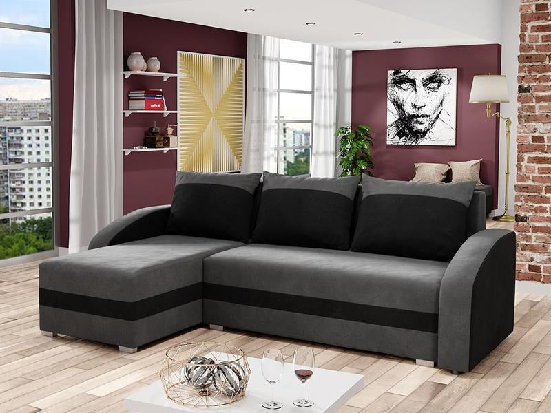 CORNER SOFA BED VELVET GREY BLACK 236cm / FOAM