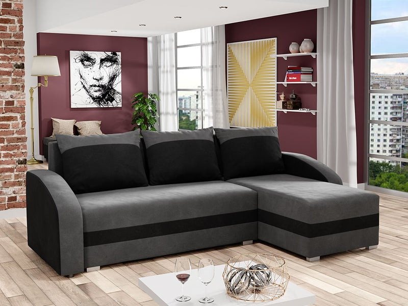 CORNER SOFA BED VELVET GREY BLACK 236cm / FOAM