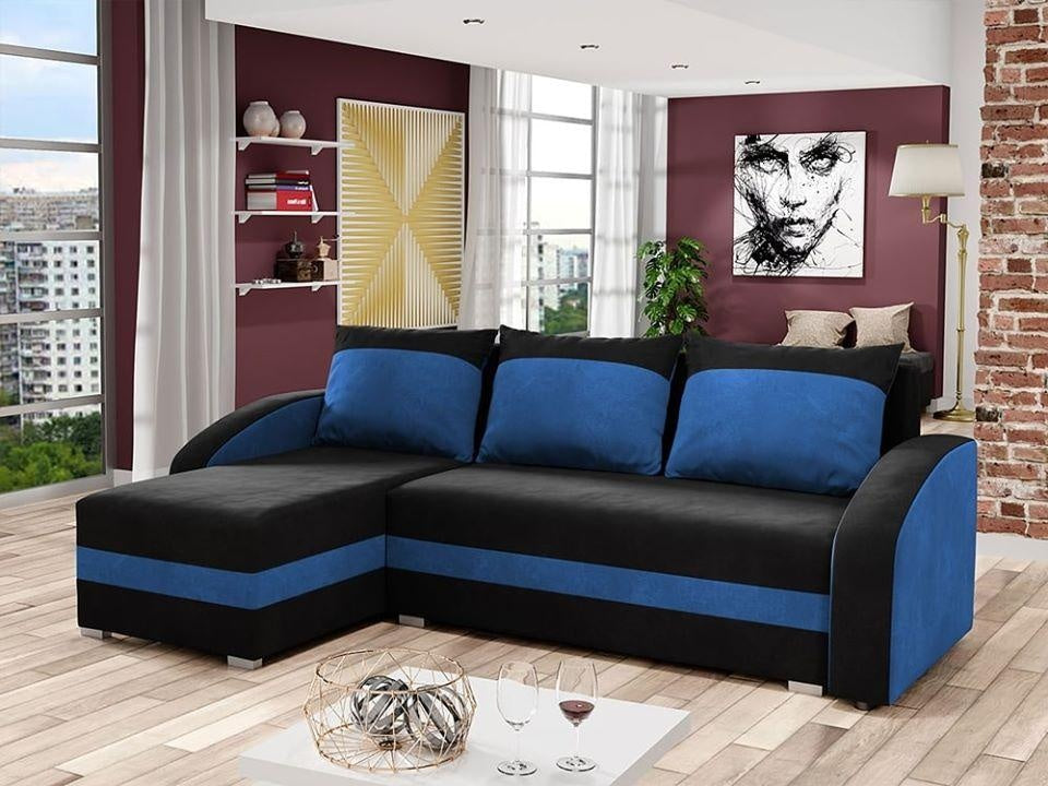 CORNER SOFA BED VELVET BLACK / BLUE 236cm / FOAM