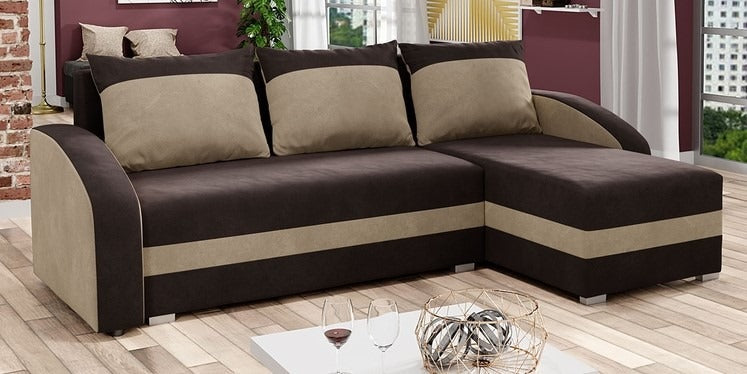 CORNER SOFA BED VELVET BROWN / BEIGE 236cm /  FOAM