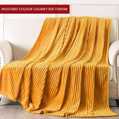 Chunky Ribbed Throw Blankets 150x200cm 100% Polyester - Cozy & Warm - Perfect Blankets for Bed, Sofa, Couch MUSTARD