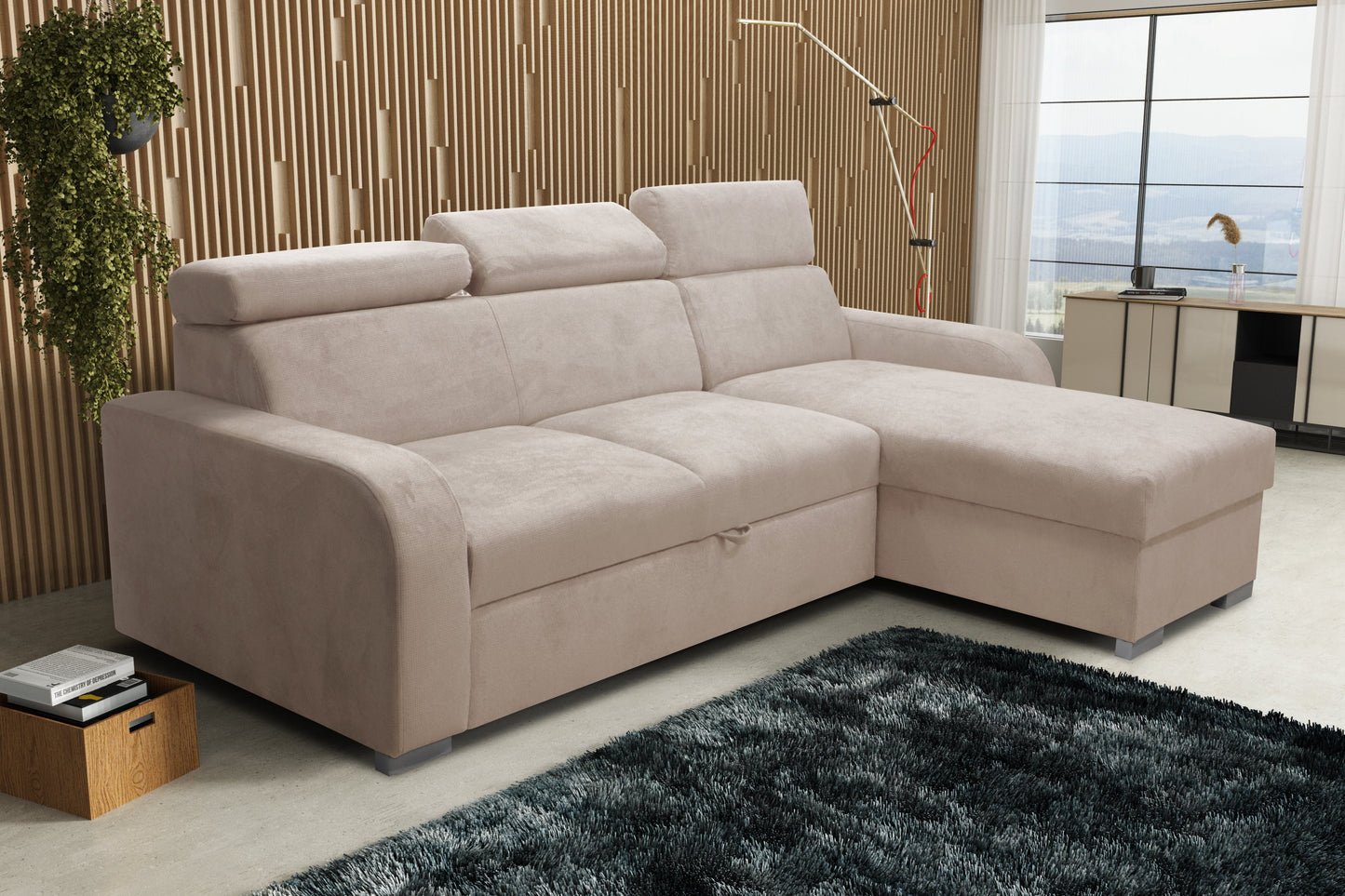 UNIVERSAL CORNER SOFA BED ASTEE 235CM EASY CLEAN FABRIC ADJUSTABLE HEADREST CHOICE OF COLORS / SPRINGS + FOAM