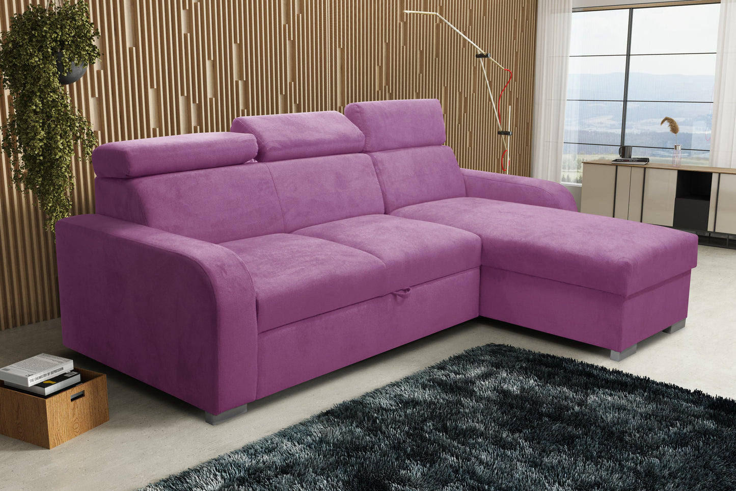 UNIVERSAL CORNER SOFA BED ASTEE 235CM EASY CLEAN FABRIC ADJUSTABLE HEADREST CHOICE OF COLORS / SPRINGS + FOAM