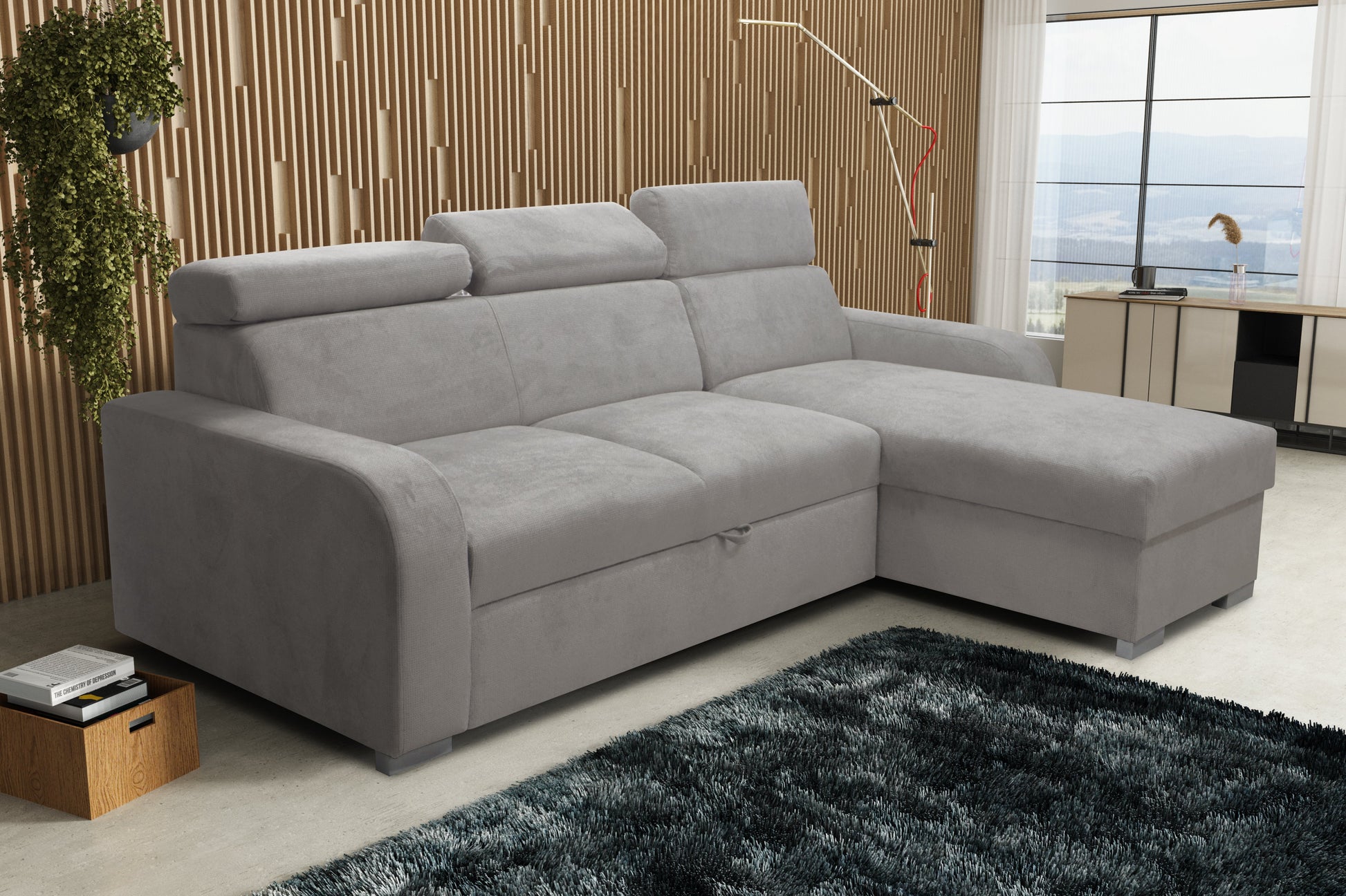 UNIVERSAL CORNER SOFA BED ASTEE 235CM EASY CLEAN FABRIC ADJUSTABLE HEADREST CHOICE OF COLORS / SPRINGS + FOAM