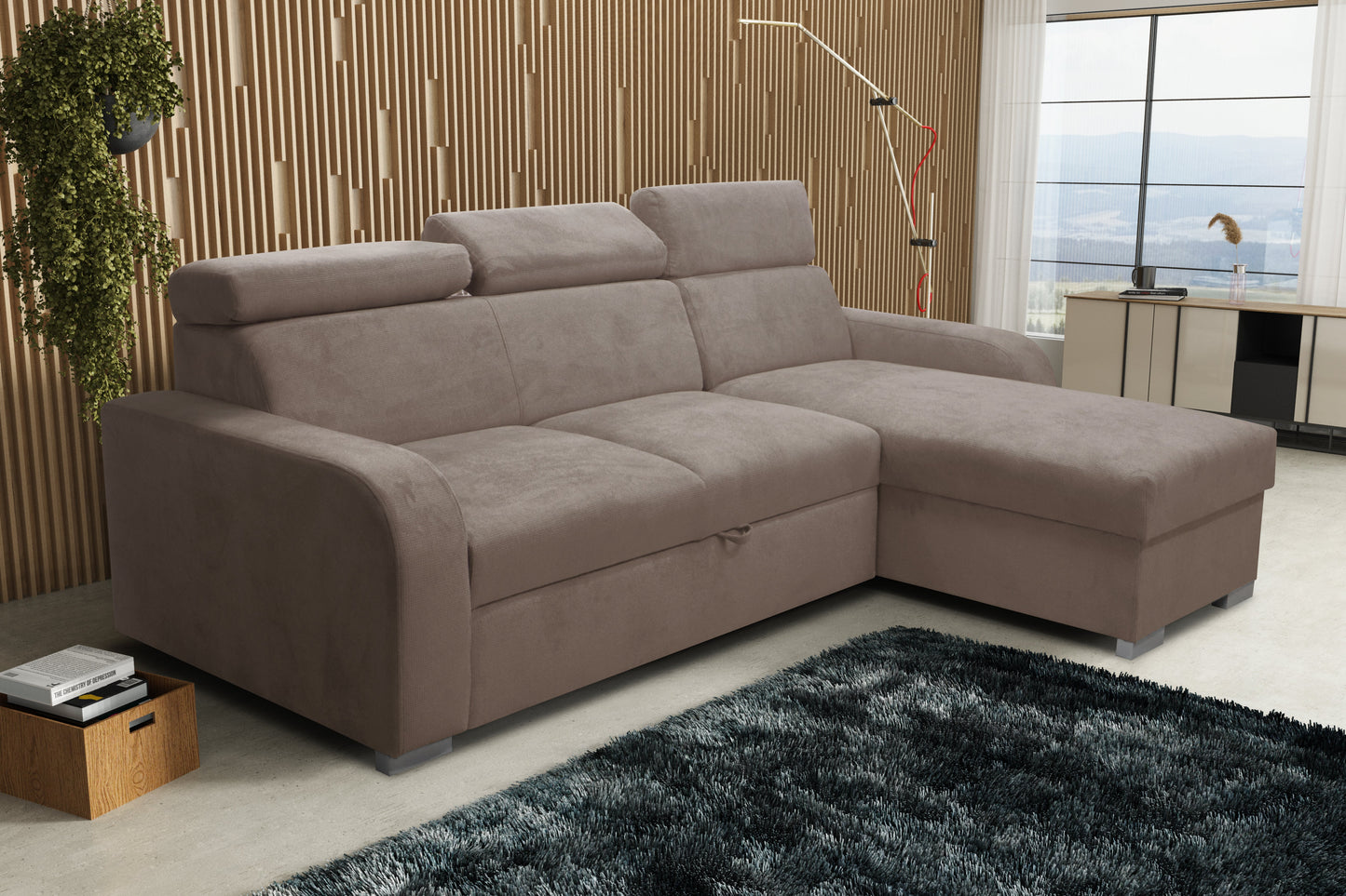 UNIVERSAL CORNER SOFA BED ASTEE 235CM EASY CLEAN FABRIC ADJUSTABLE HEADREST CHOICE OF COLORS / SPRINGS + FOAM