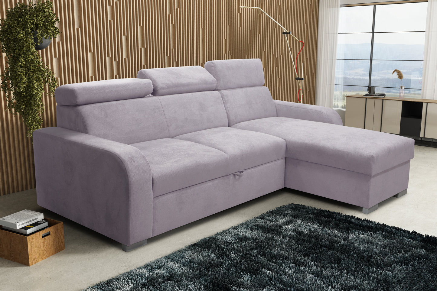 UNIVERSAL CORNER SOFA BED ASTEE 235CM EASY CLEAN FABRIC ADJUSTABLE HEADREST CHOICE OF COLORS / SPRINGS + FOAM