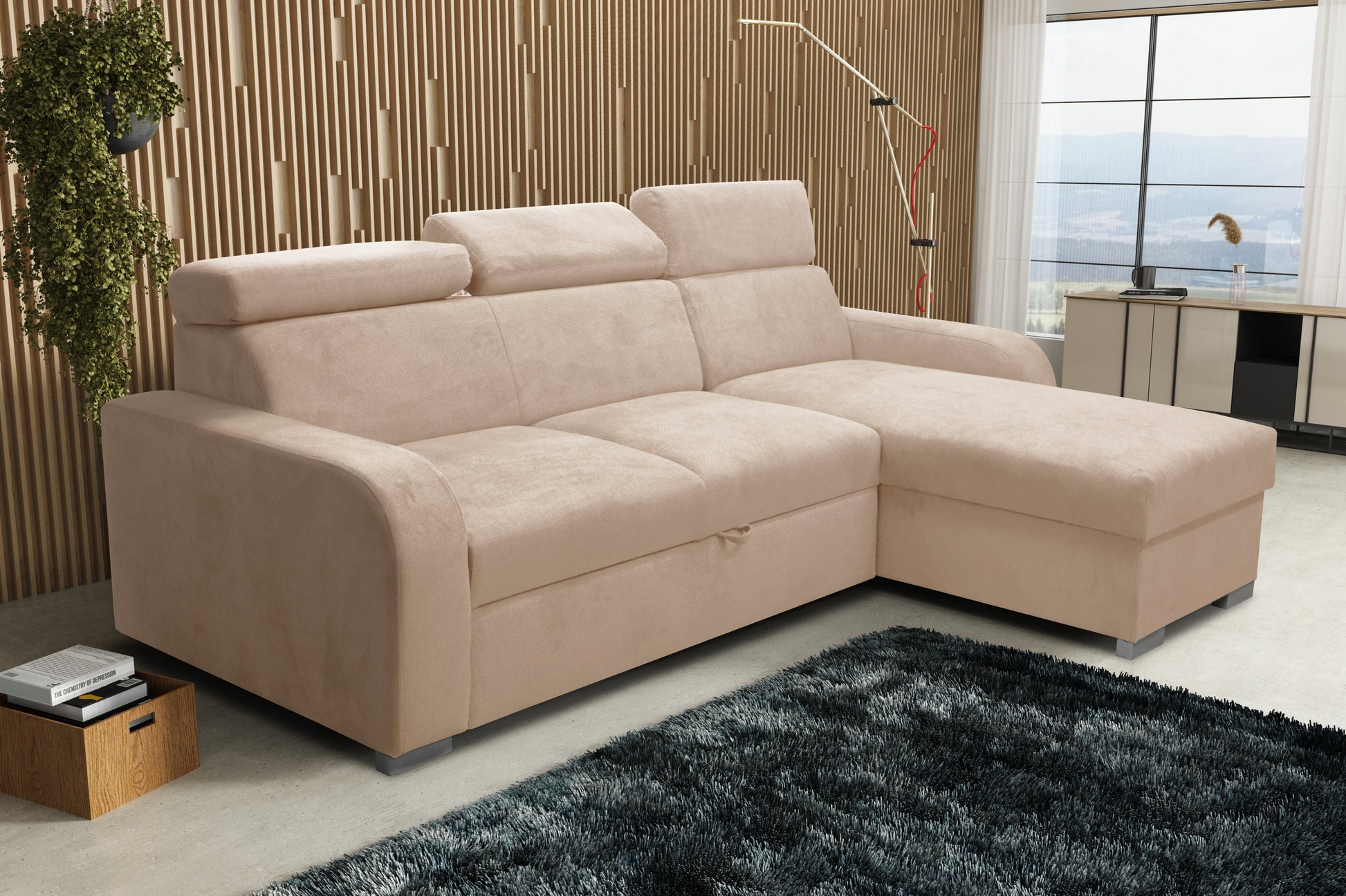 UNIVERSAL CORNER SOFA BED ASTEE 235CM EASY CLEAN FABRIC ADJUSTABLE HEADREST CHOICE OF COLORS / SPRINGS + FOAM