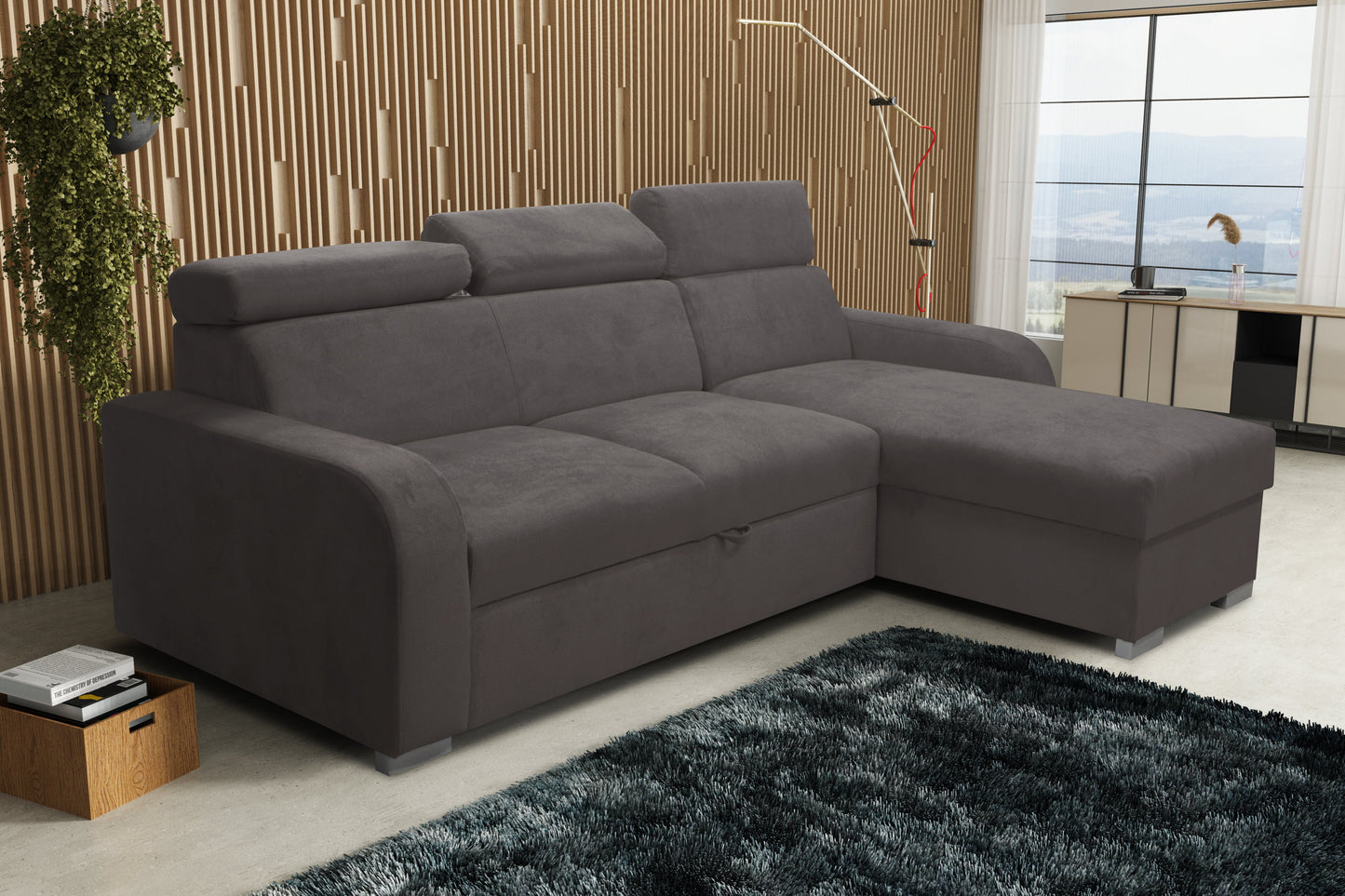 UNIVERSAL CORNER SOFA BED ASTEE 235CM EASY CLEAN FABRIC ADJUSTABLE HEADREST CHOICE OF COLORS / SPRINGS + FOAM