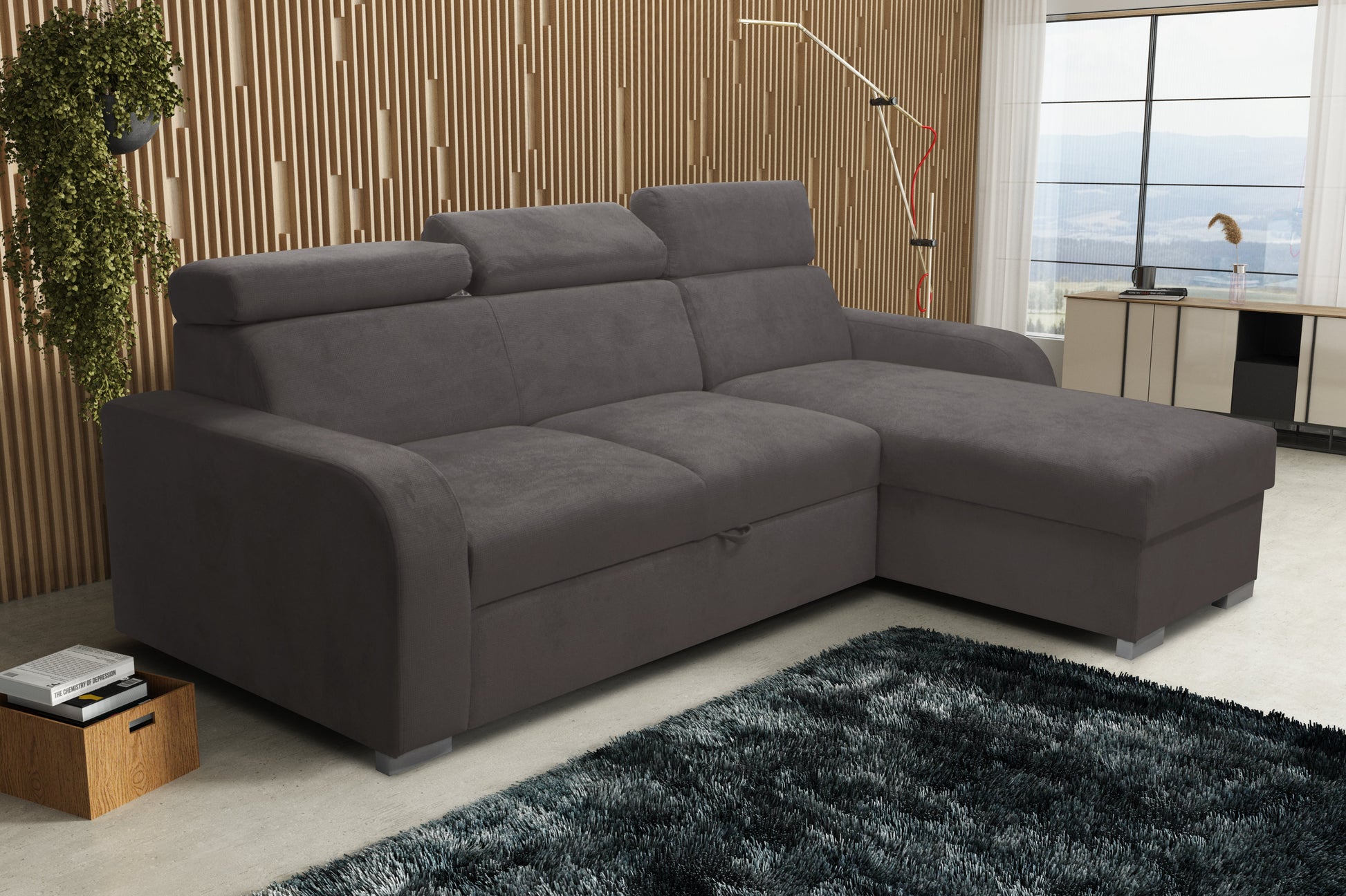 UNIVERSAL CORNER SOFA BED ASTEE 235CM EASY CLEAN FABRIC ADJUSTABLE HEADREST CHOICE OF COLORS / SPRINGS + FOAM