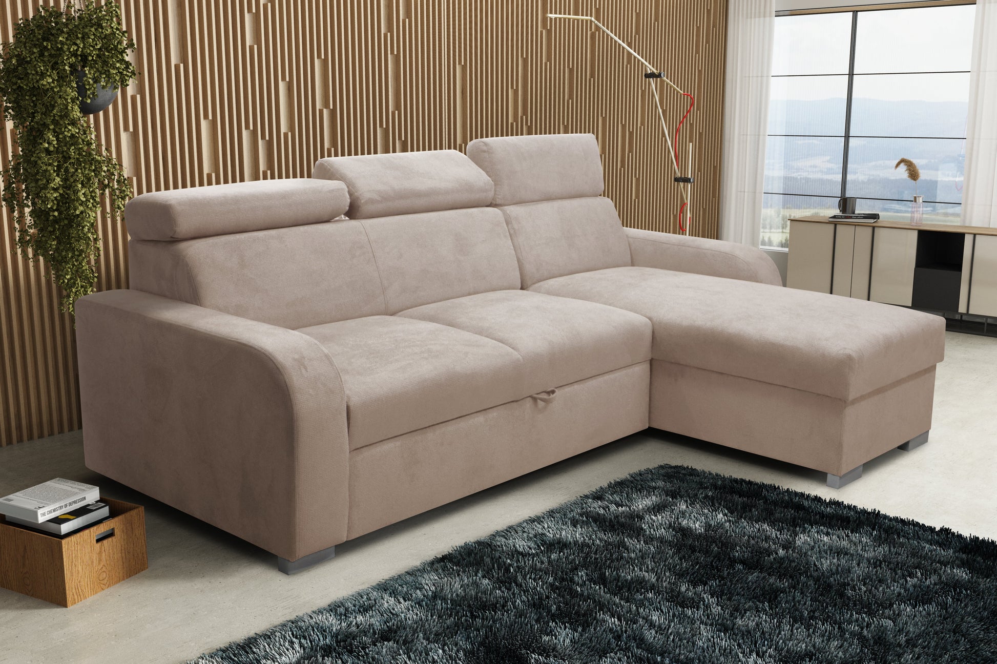 UNIVERSAL CORNER SOFA BED ASTEE 235CM EASY CLEAN FABRIC ADJUSTABLE HEADREST CHOICE OF COLORS / SPRINGS + FOAM