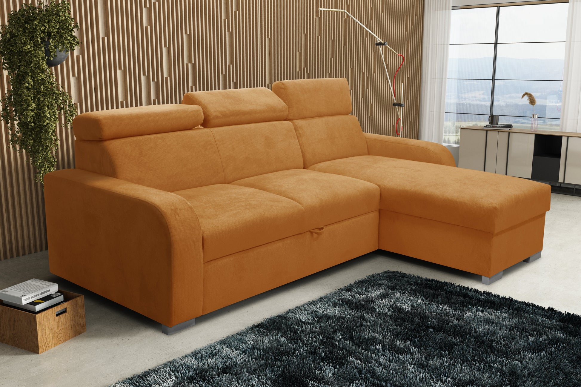 UNIVERSAL CORNER SOFA BED ASTEE 235CM EASY CLEAN FABRIC ADJUSTABLE HEADREST CHOICE OF COLORS / SPRINGS + FOAM