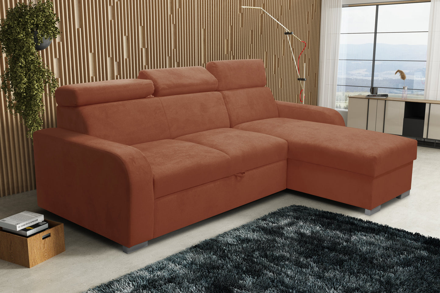UNIVERSAL CORNER SOFA BED ASTEE 235CM EASY CLEAN FABRIC ADJUSTABLE HEADREST CHOICE OF COLORS / SPRINGS + FOAM